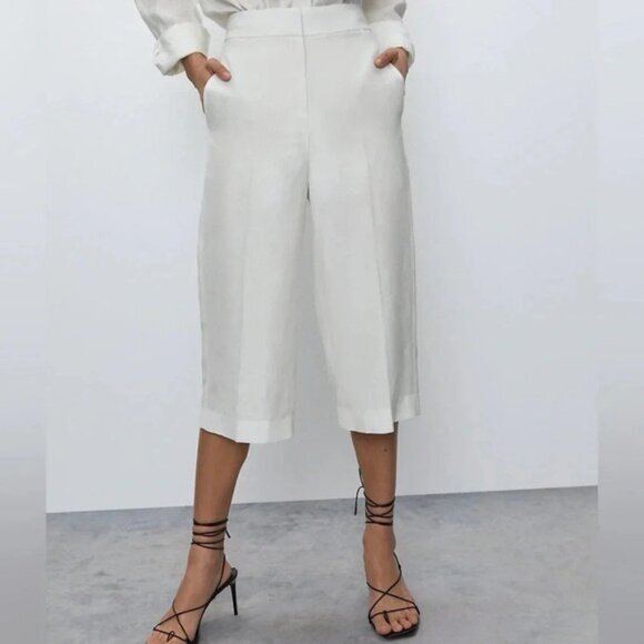 Aritzia Babaton Tahoma Pant High rise Linen Culottes Wide Leg Crop Trouser White - Picture 3 of 16